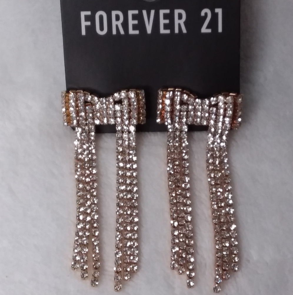 Dangle Bow Pierce Earrings Clear Rhinestones Gold Tone Forever 21